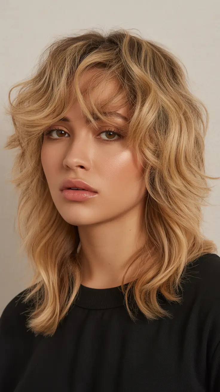 spring shag hairstyle Golden Honey Textured Shag With Airy Bangs