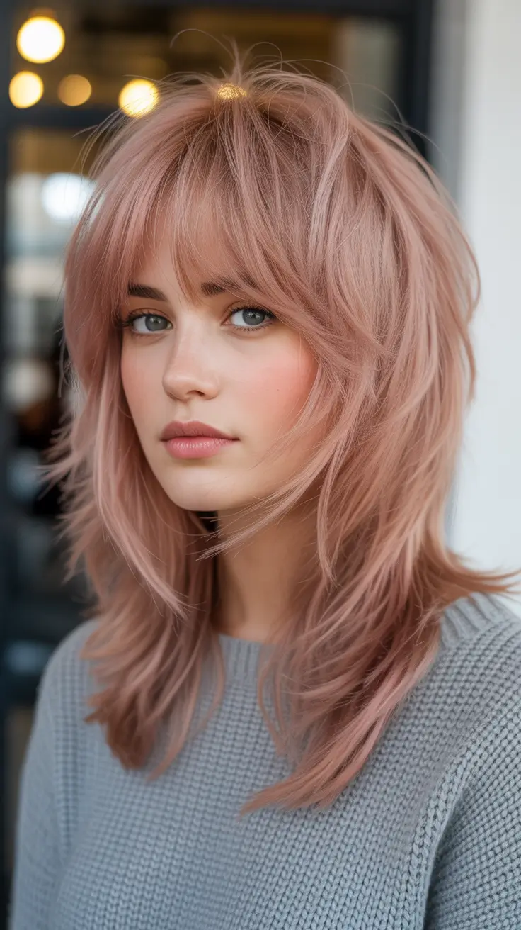 spring shag hairstyle Blush Pink Medium Shag With Feathered Layers