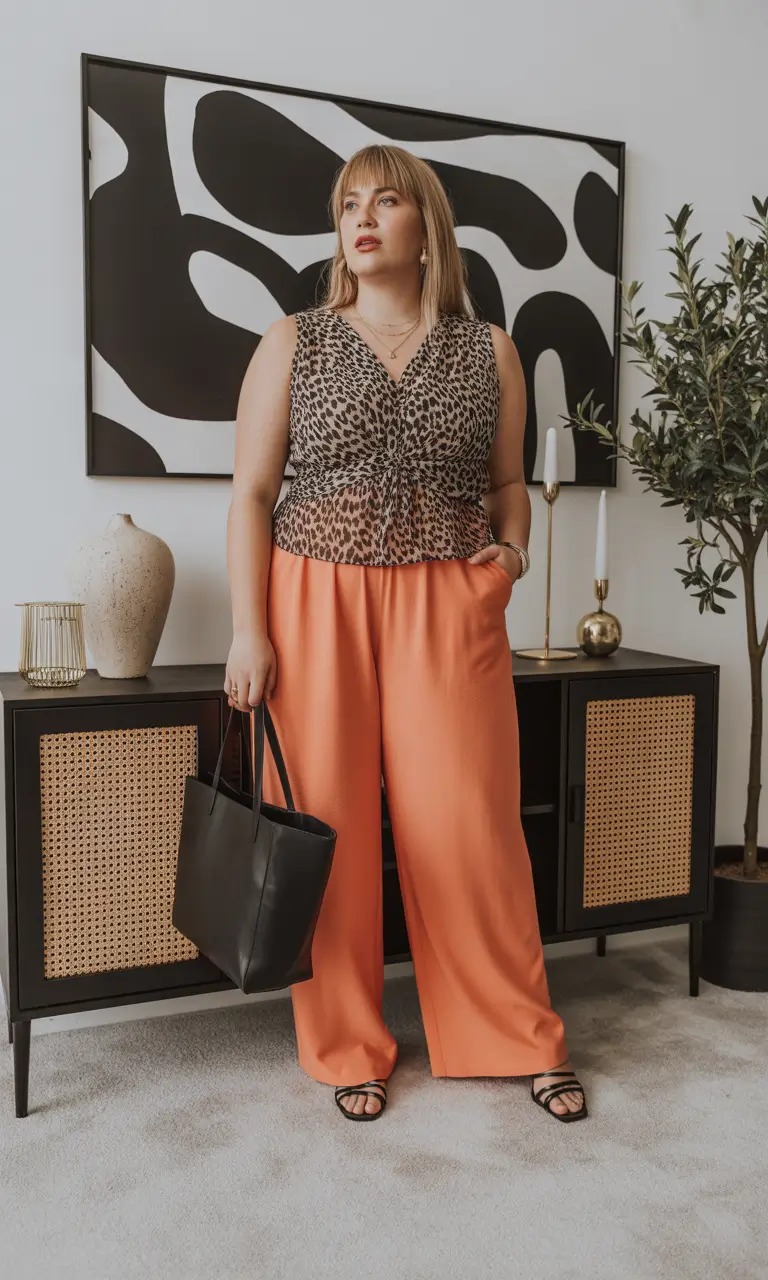 plus size spring outfits Leopard Top + Satin Pants: Soft Power for Spring Nights