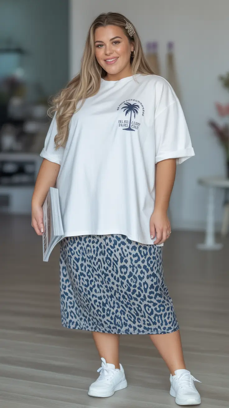 plus size spring outfits Oversized Tee + Leopard Skirt: Casual Baddie Energy