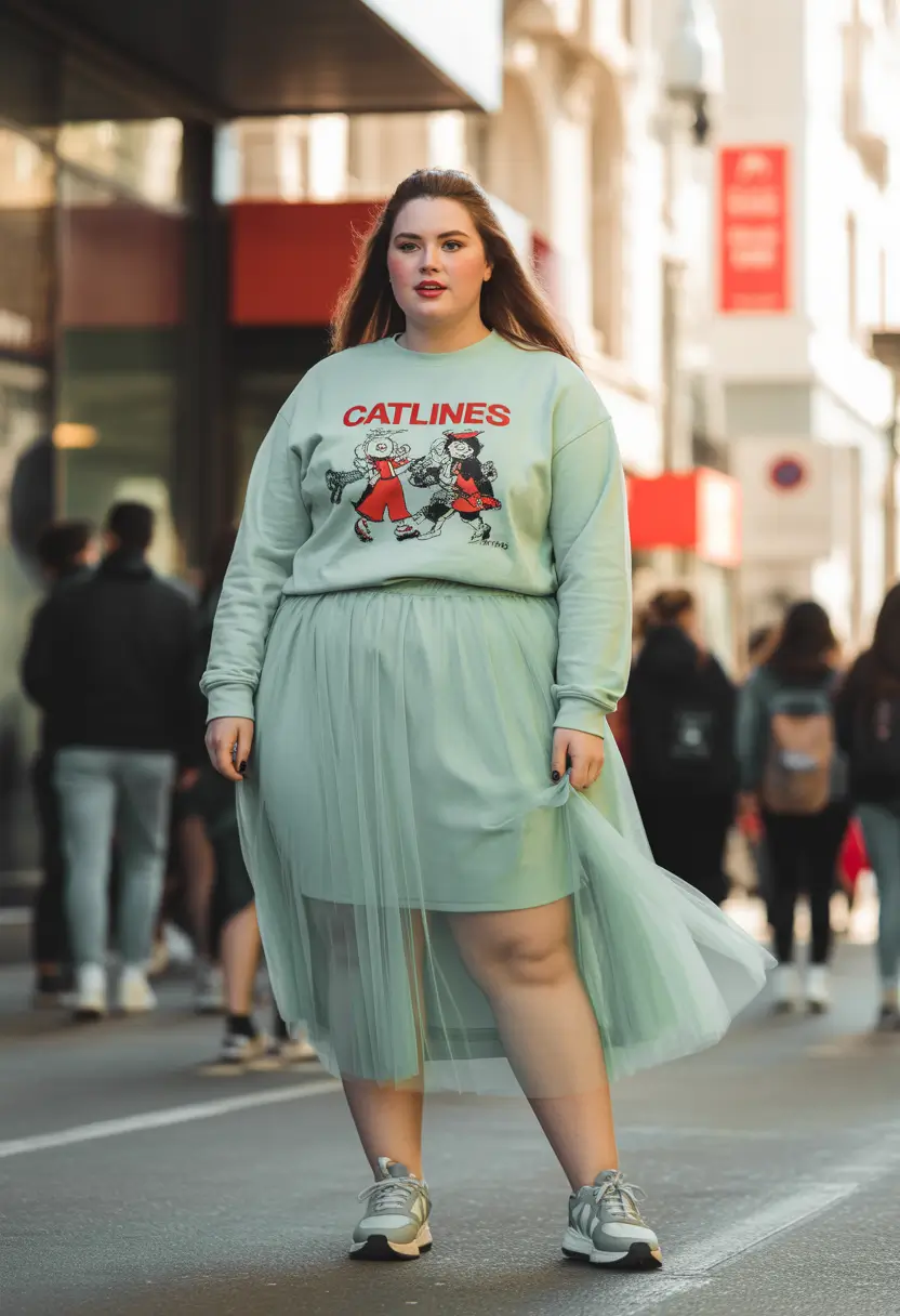 plus size spring outfits Sporty Tulle and a Graphic Sweatshirt Twist