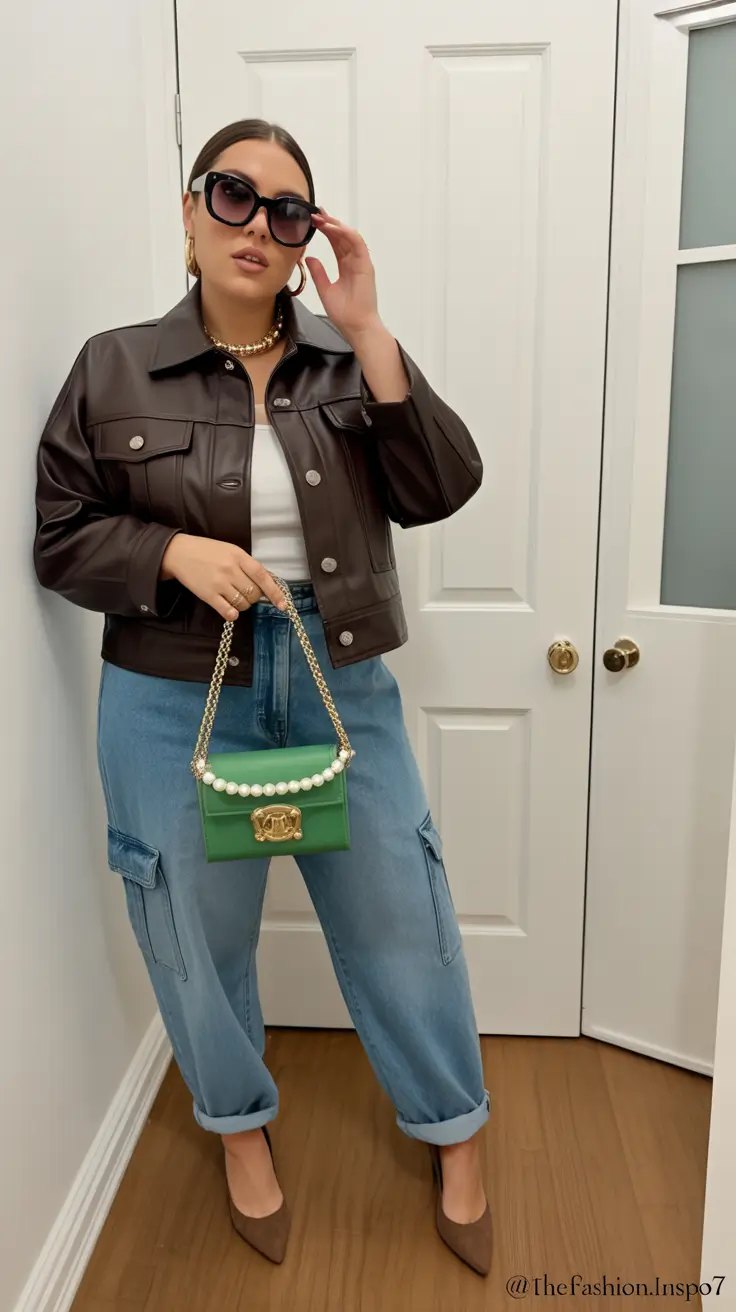 plus size spring outfits Chocolate Leather and Cargo Denim for a Modern City Look