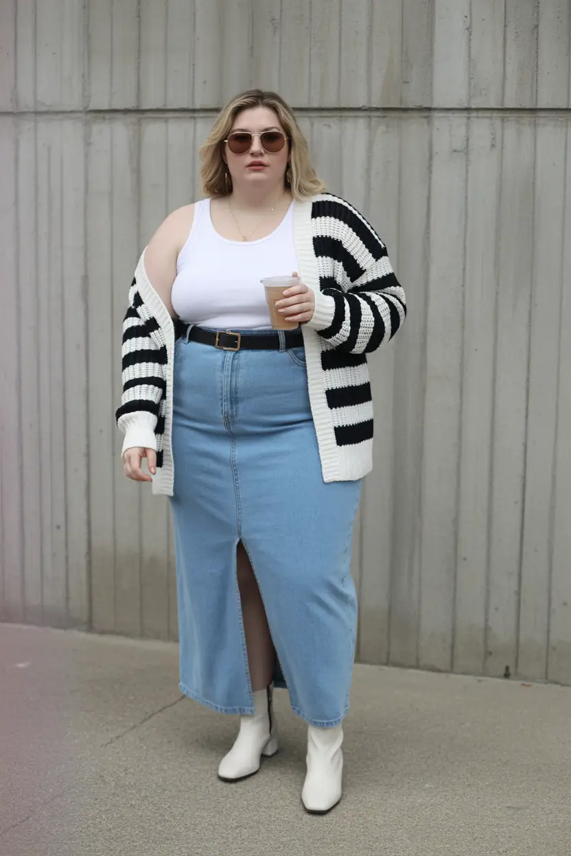 plus size spring outfits Striped Cardigan + Denim Maxi: Cozy Chic for Cold Spring Days