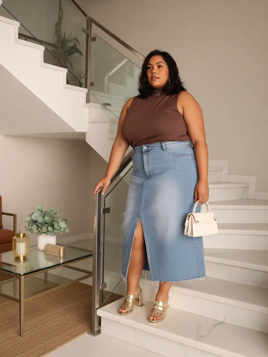 plus size spring outfits Denim Midi Skirt and a Sleeveless Top for Soft Minimalism