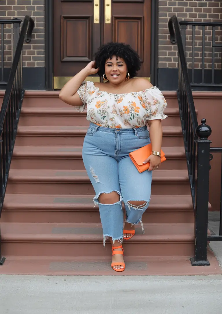 plus size spring outfits Floral Off-the-Shoulder + Ripped Denim: Cute and Effortless