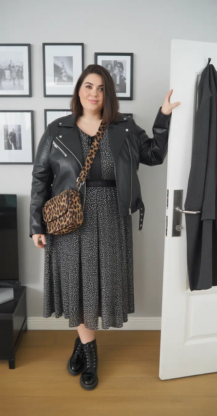 plus size spring outfits Leather Jacket + Midi Dress: The Spring Uniform That Never Misses