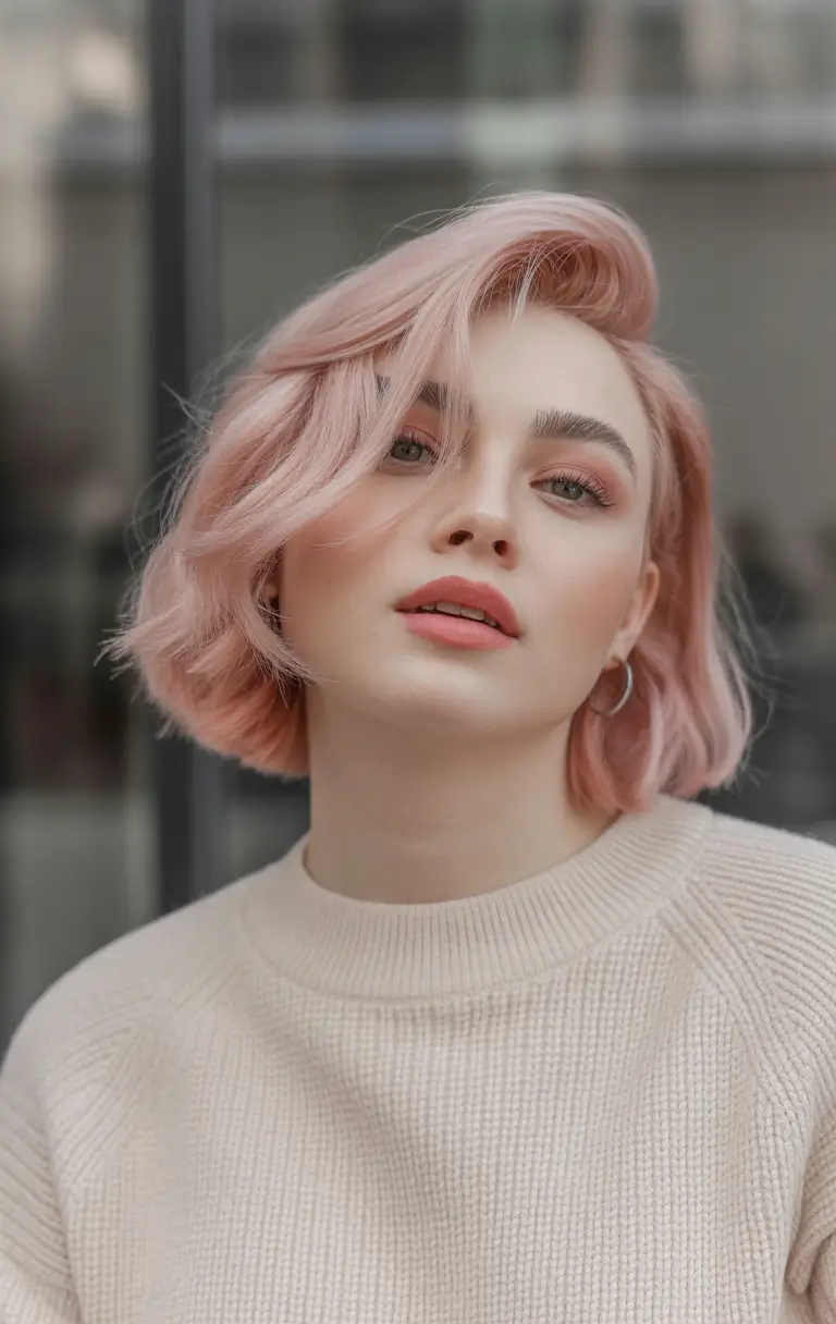 spring bob haircut Soft Pink Wavy Bob With Romantic Side Sweep