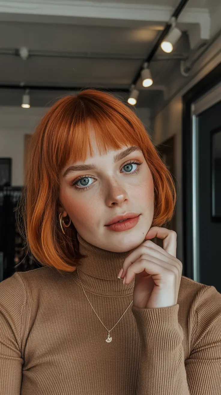 spring bob haircut Copper Bob With Bangs and Cozy Minimal Styling