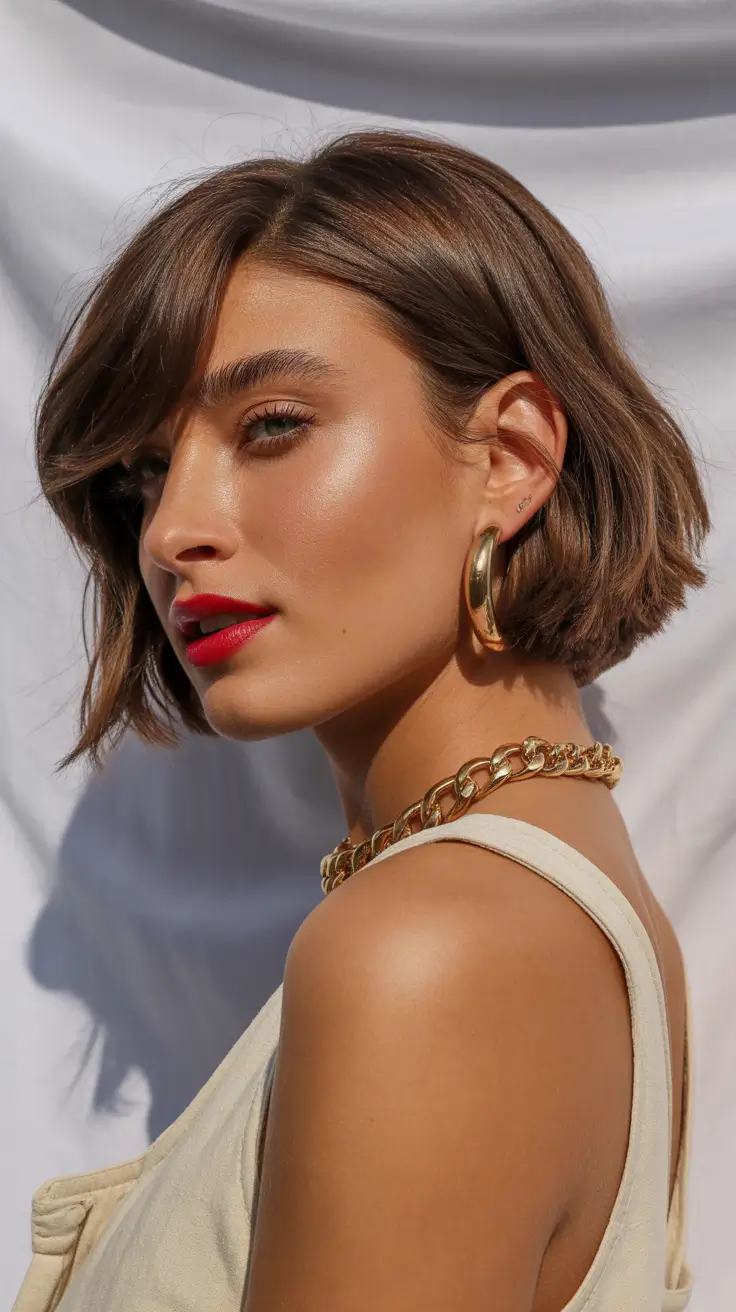 spring bob haircut Sunlit Brown Bob With Side Part and Gold Jewelry Glow