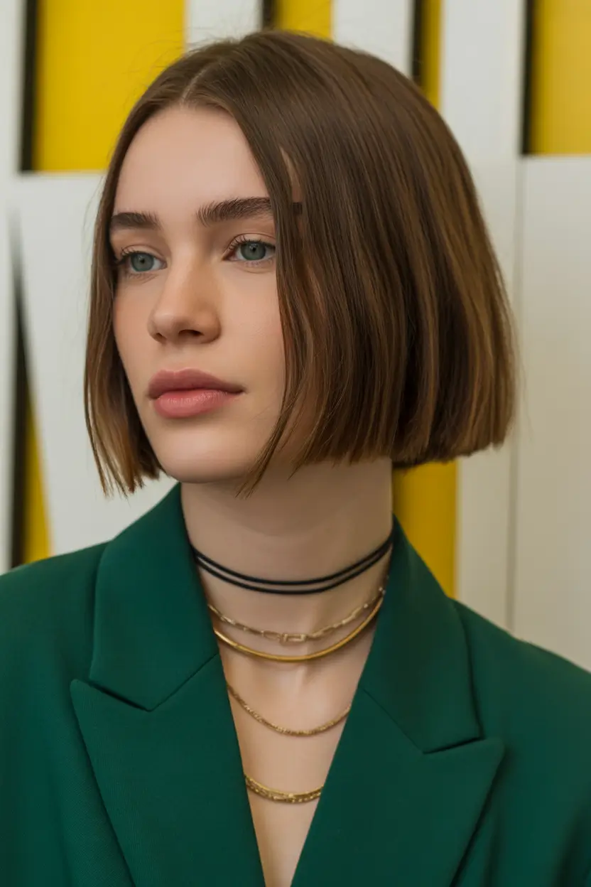 spring bob haircut Sharp Brown Bob With Center Part and Chic Layered Necklaces