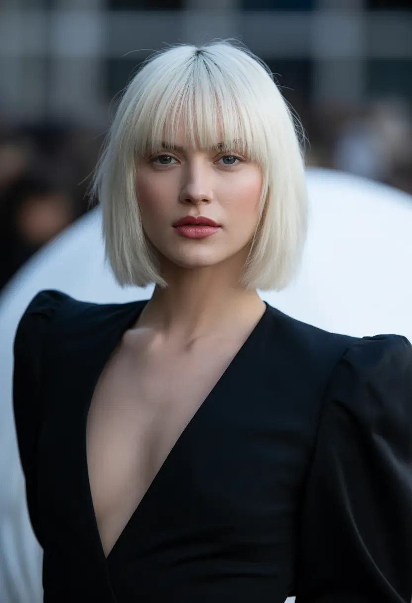 spring bob haircut Blunt Platinum Bob With Full Bangs and Power Shoulders