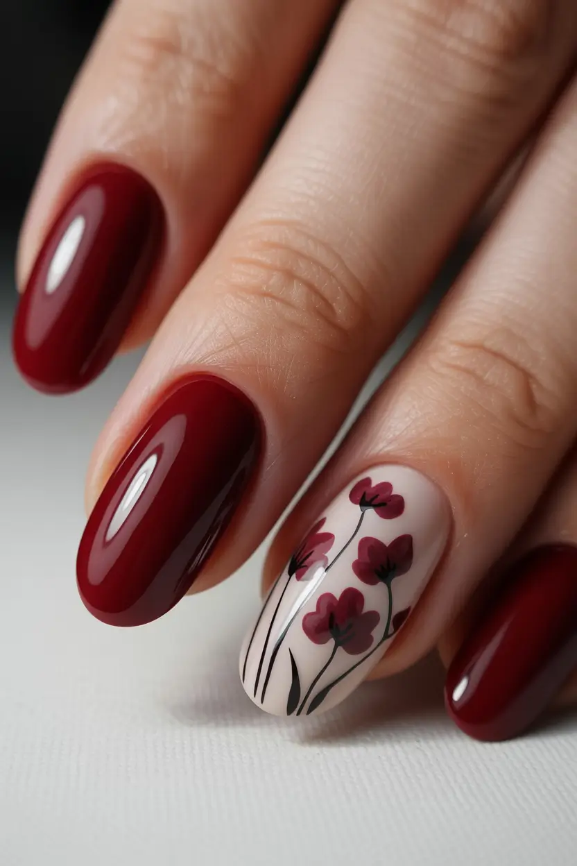 spring floral nails Deep Cherry Blossom Elegance in Modern Red
