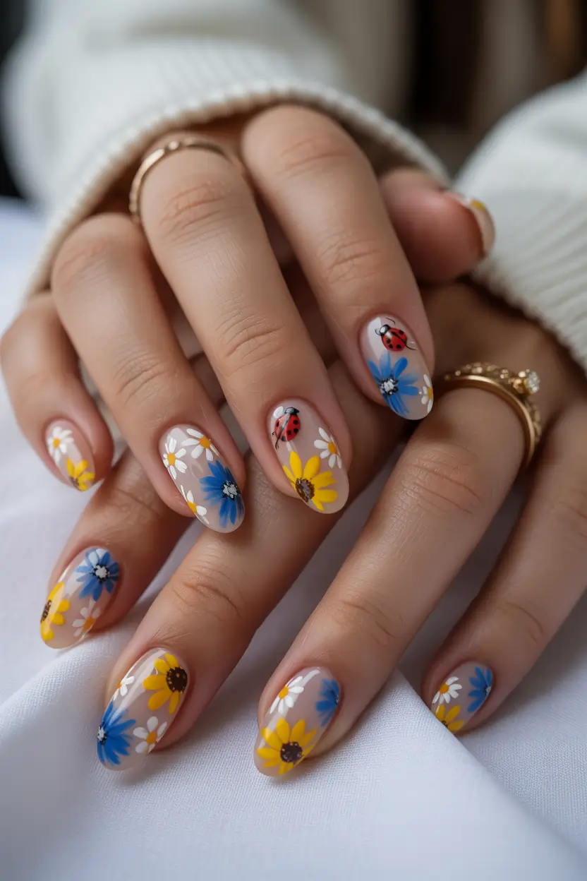 spring floral nails Whimsical Wildflower Garden with Blue and Yellow Accents