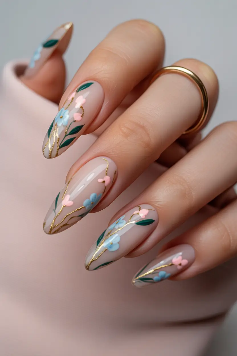 spring floral nails Golden Botanical Elegance with Soft Pastel Florals