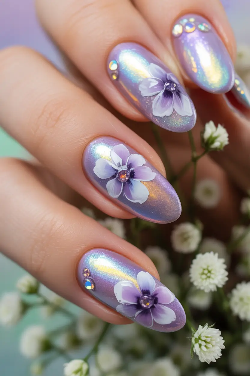 spring floral nails Iridescent Lavender Bloom with Modern Shine