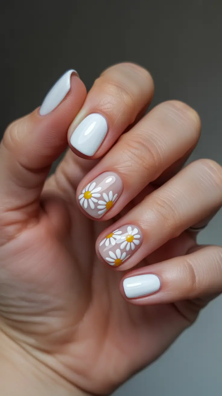 spring floral nails Classic Short Daisy Manicure in Fresh White