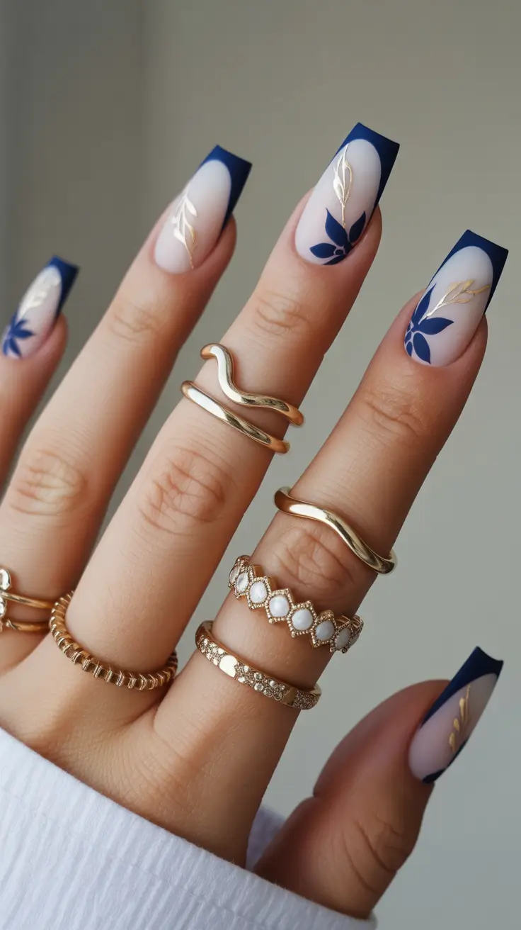 spring floral nails Modern Blue Botanical French Statement