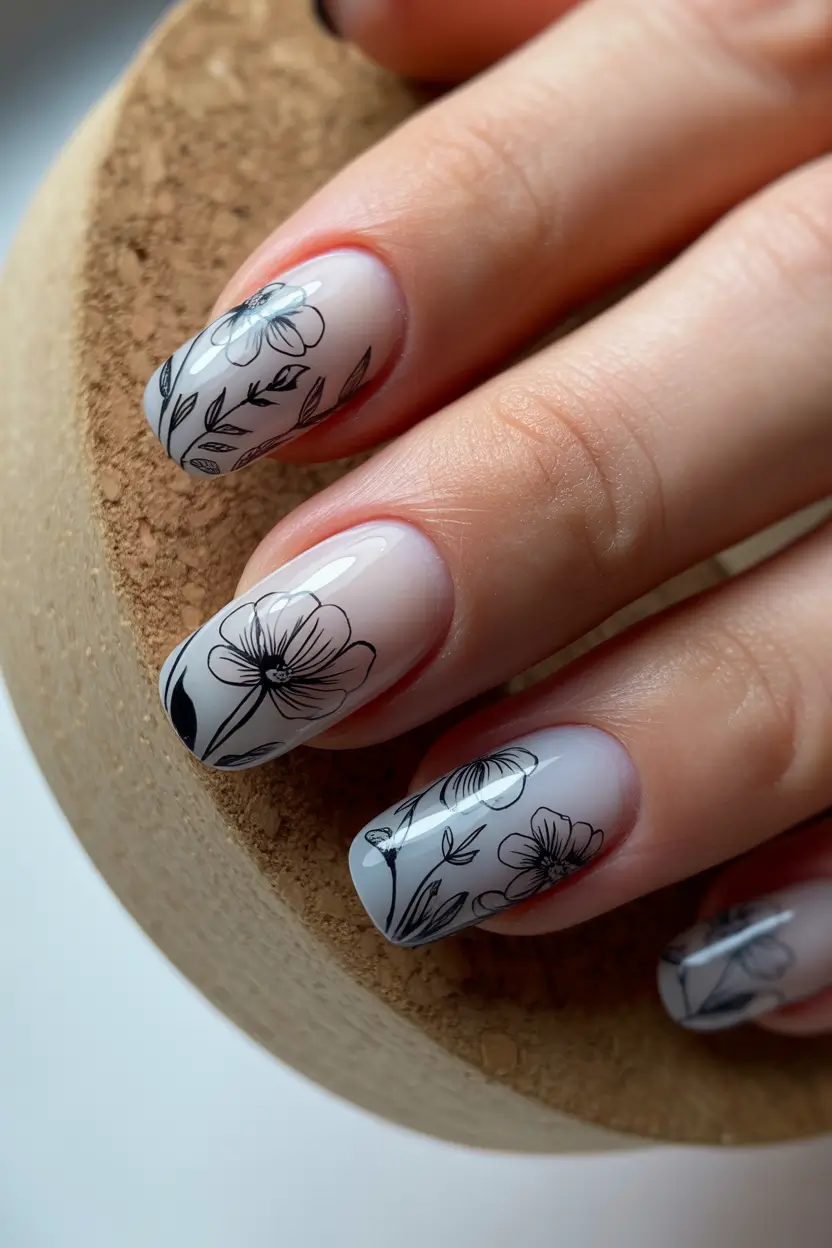 spring floral nails Minimalist Black Line Floral Art