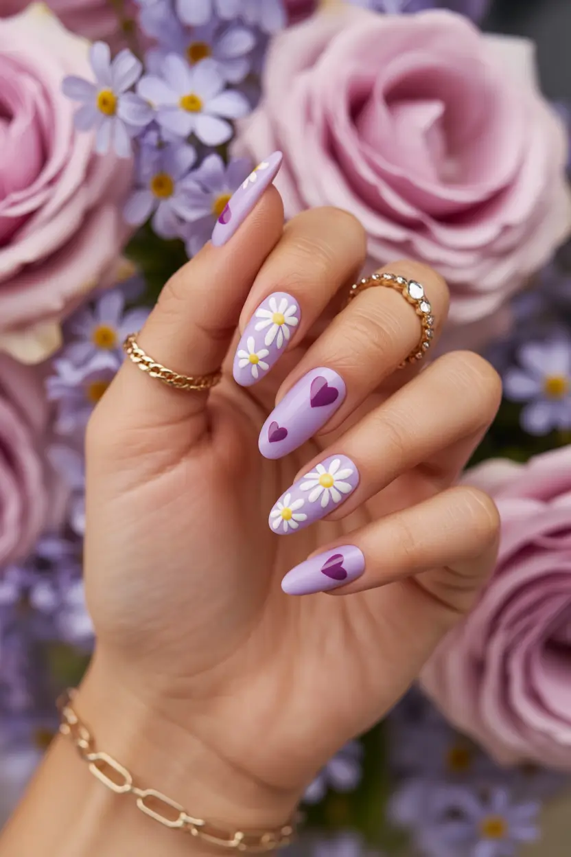 spring floral nails Lavender Daisy Love Nails with Playful Hearts
