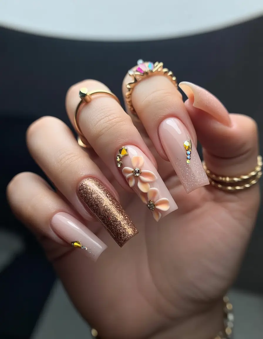 spring floral nails Golden Blossom Glam Spring Statement Nails