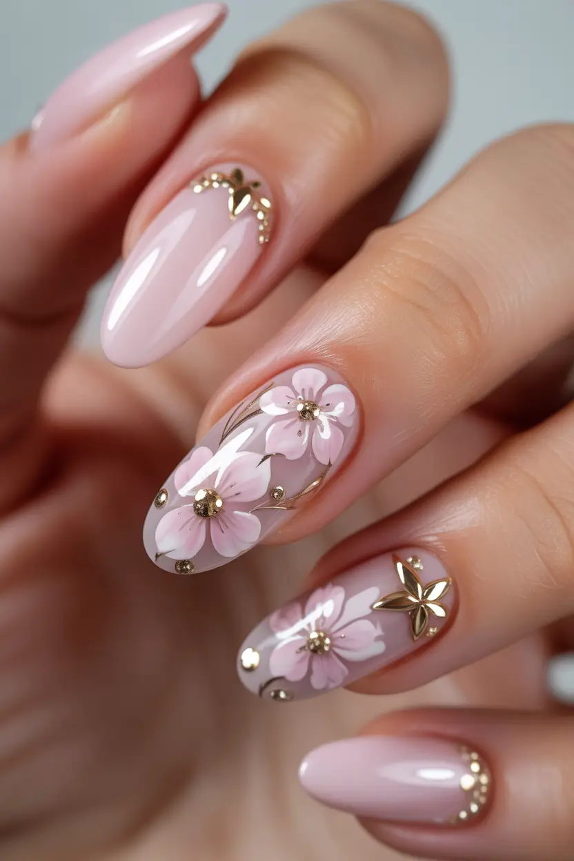 spring floral nails Soft Pink Blossom Luxury with Golden Details