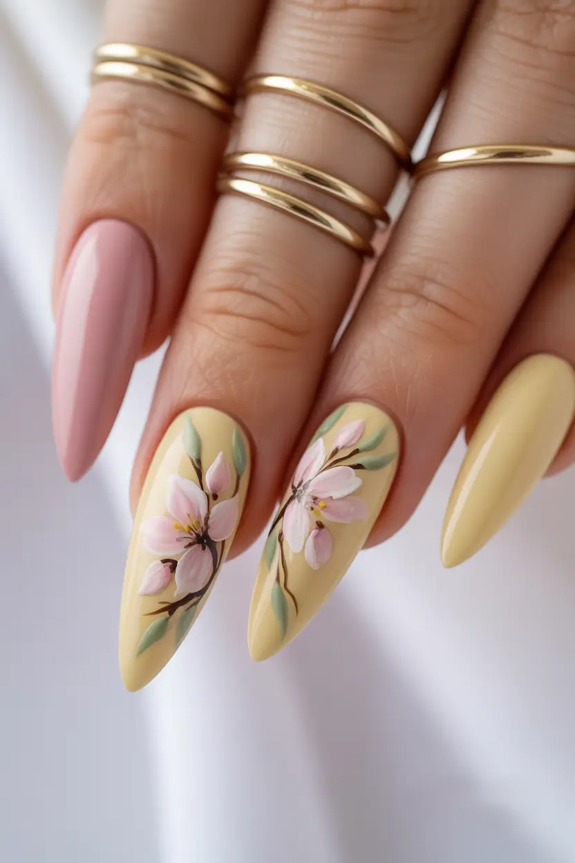 spring floral nails Sunlit Blossom Nails in Warm Yellow Tones