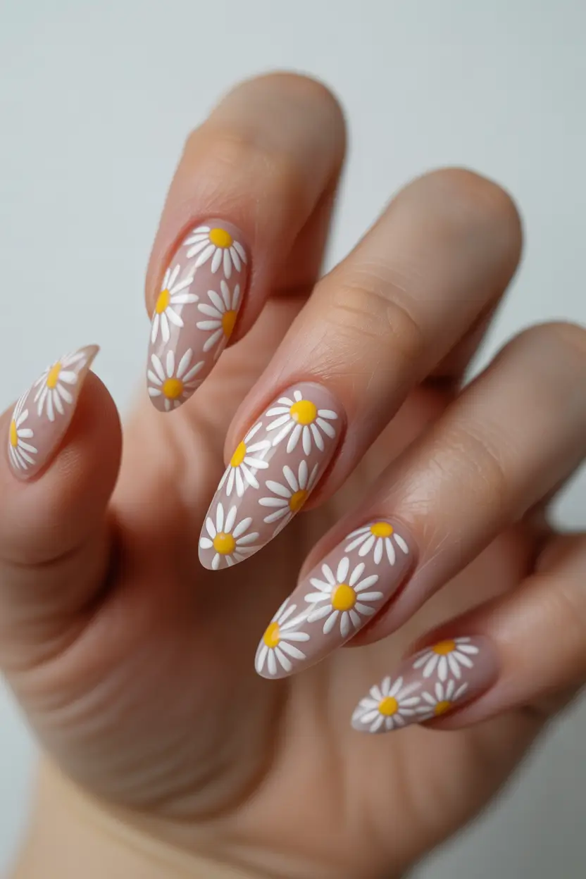 spring floral nails Playful Daisy Fields in Classic Spring White and Yellow