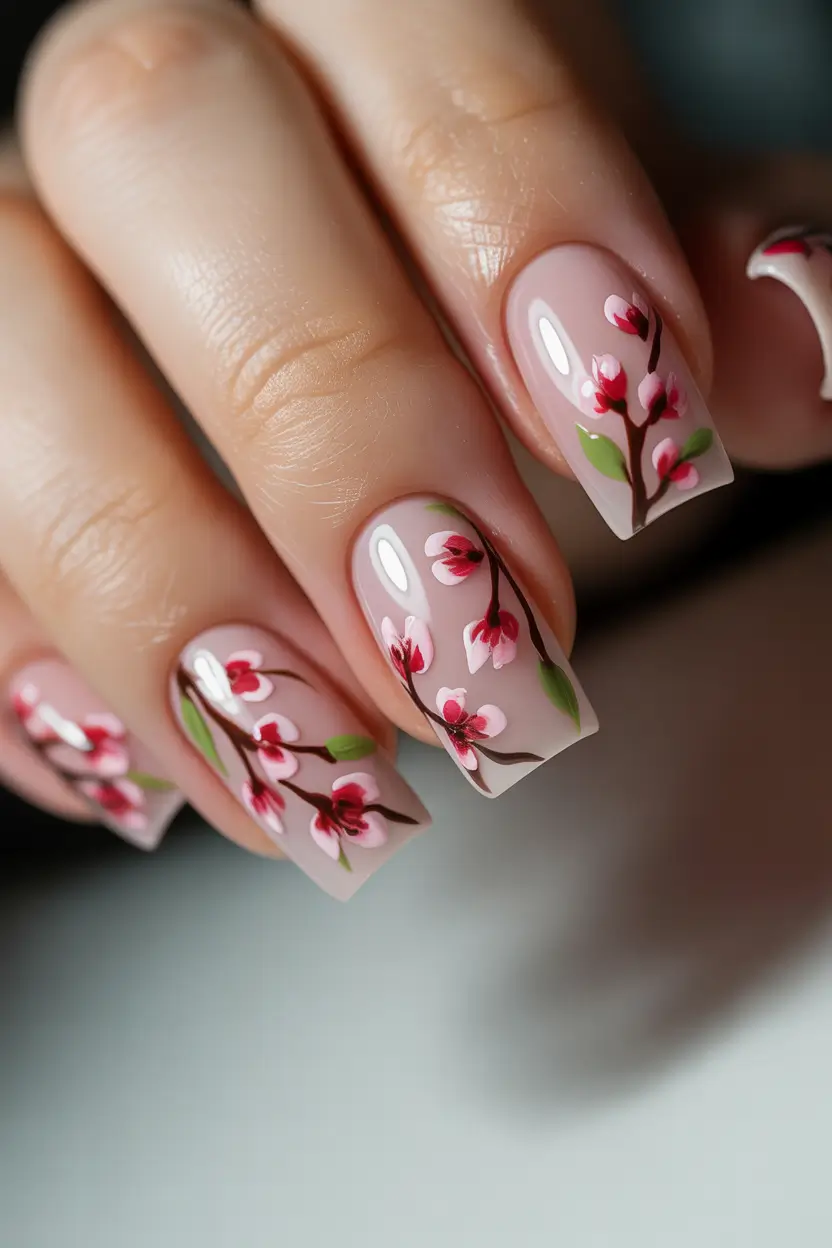 spring floral nails Soft Square Blossom Branch Manicure
