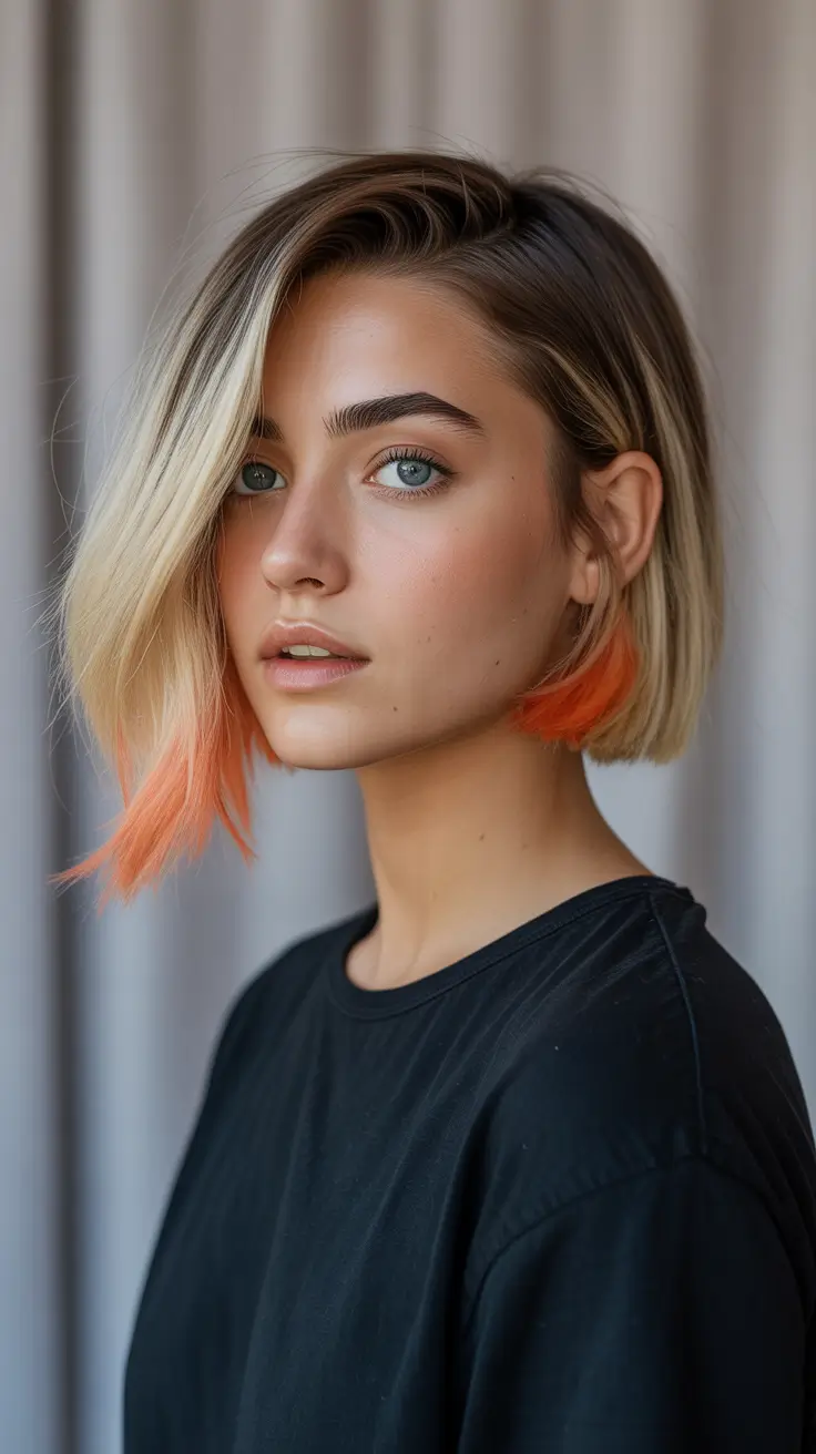 spring hair color for tan skin Champagne Blonde Bob with Tangerine Underlight