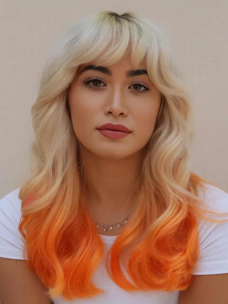 spring hair color for tan skin Vanilla Blonde with Tangerine Melt Ends