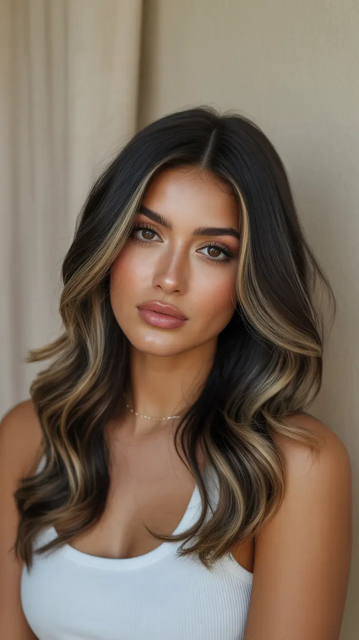 spring hair color for tan skin Brunette with Golden Face-Framing Highlights
