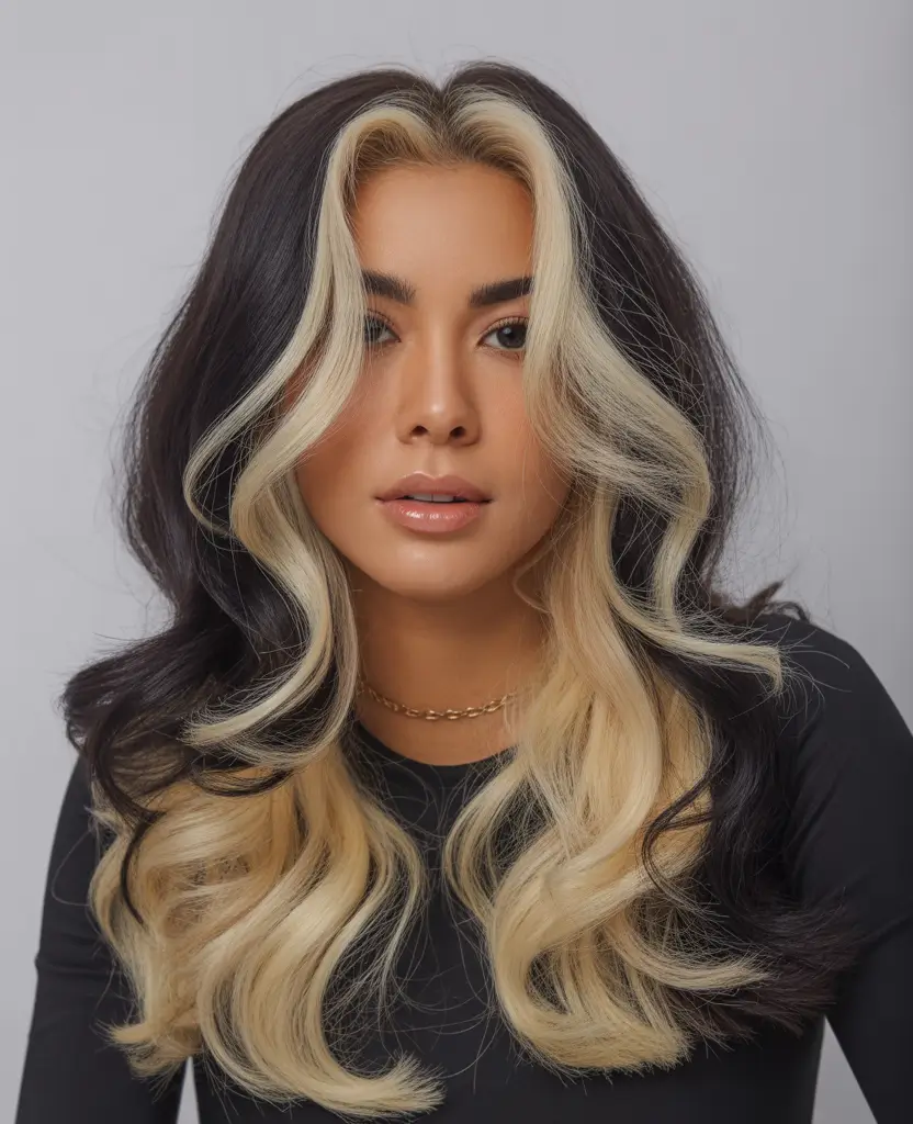 spring hair color for tan skin Blonde Money Pieces on Dark Waves
