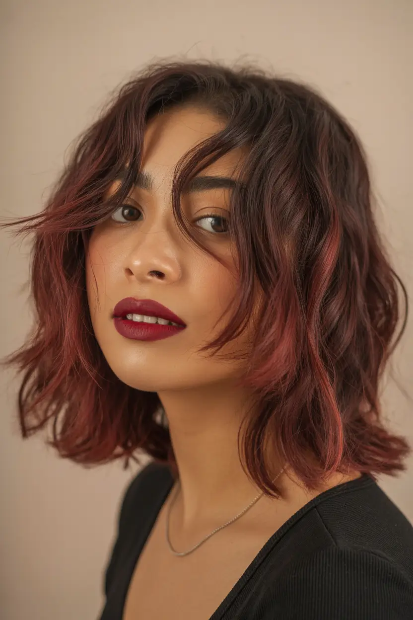 spring hair color for tan skin Smoky Cherry Bob with Soft Waves