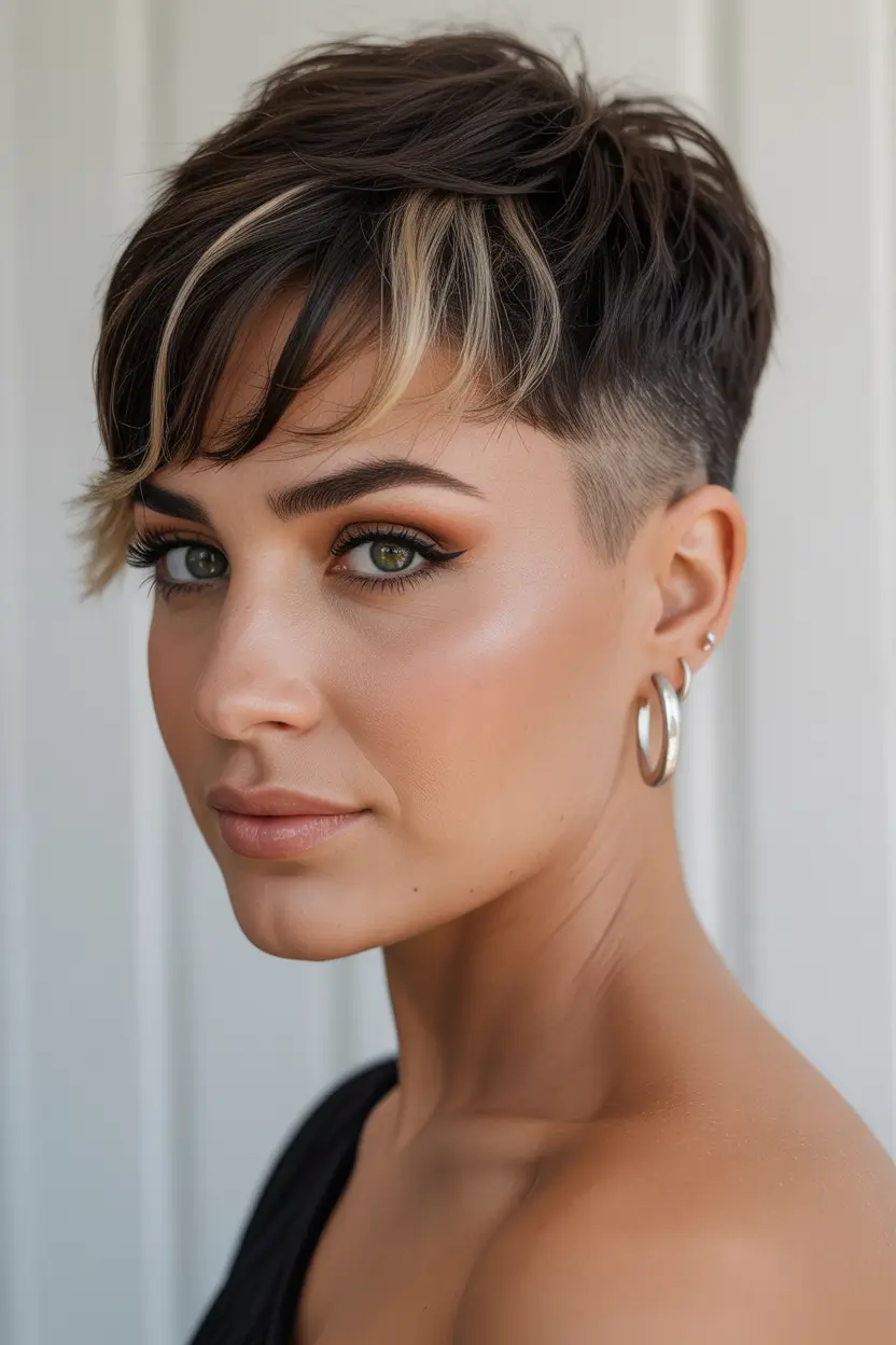 spring hair color for tan skin Short Brunette Crop Blonde Micro Streaks