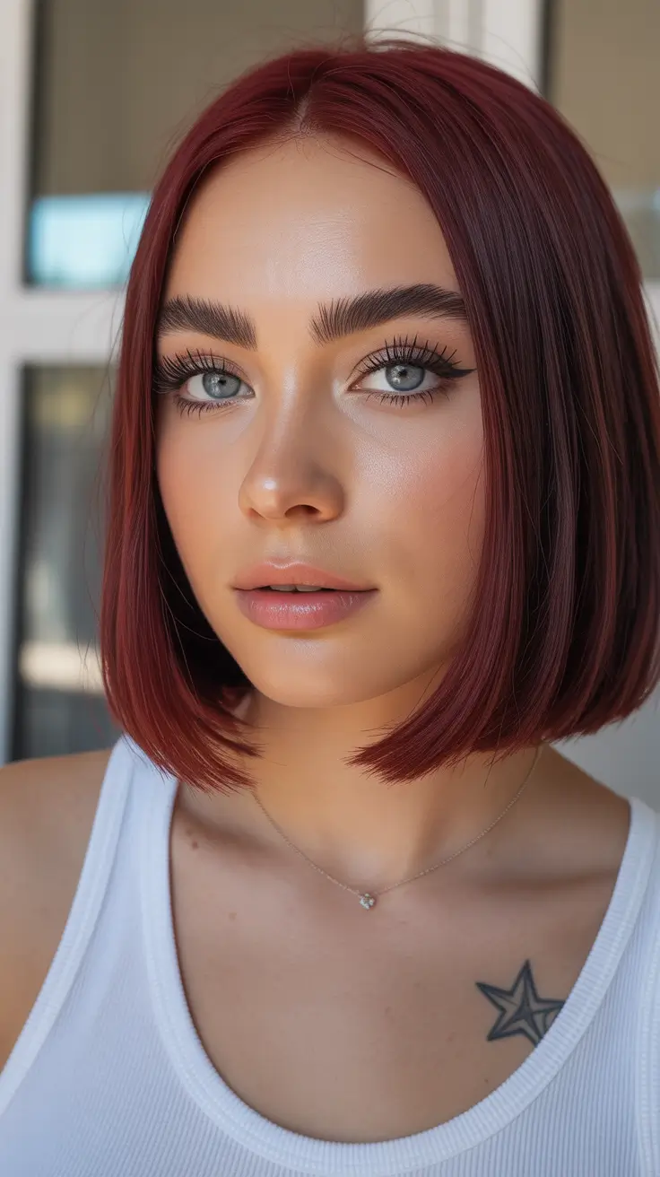 spring hair color for tan skin Deep Red Sleek Bob
