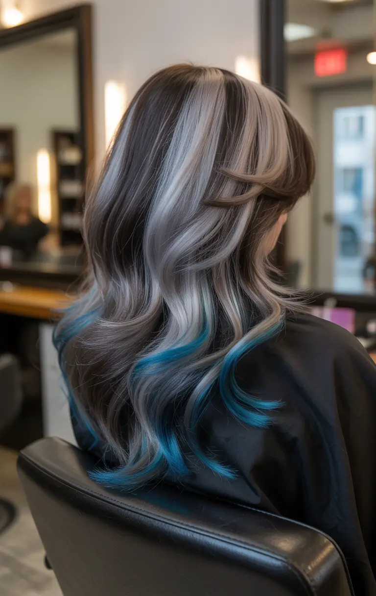 spring hair color for tan skin Smoky Silver Melt with Electric Blue Ends