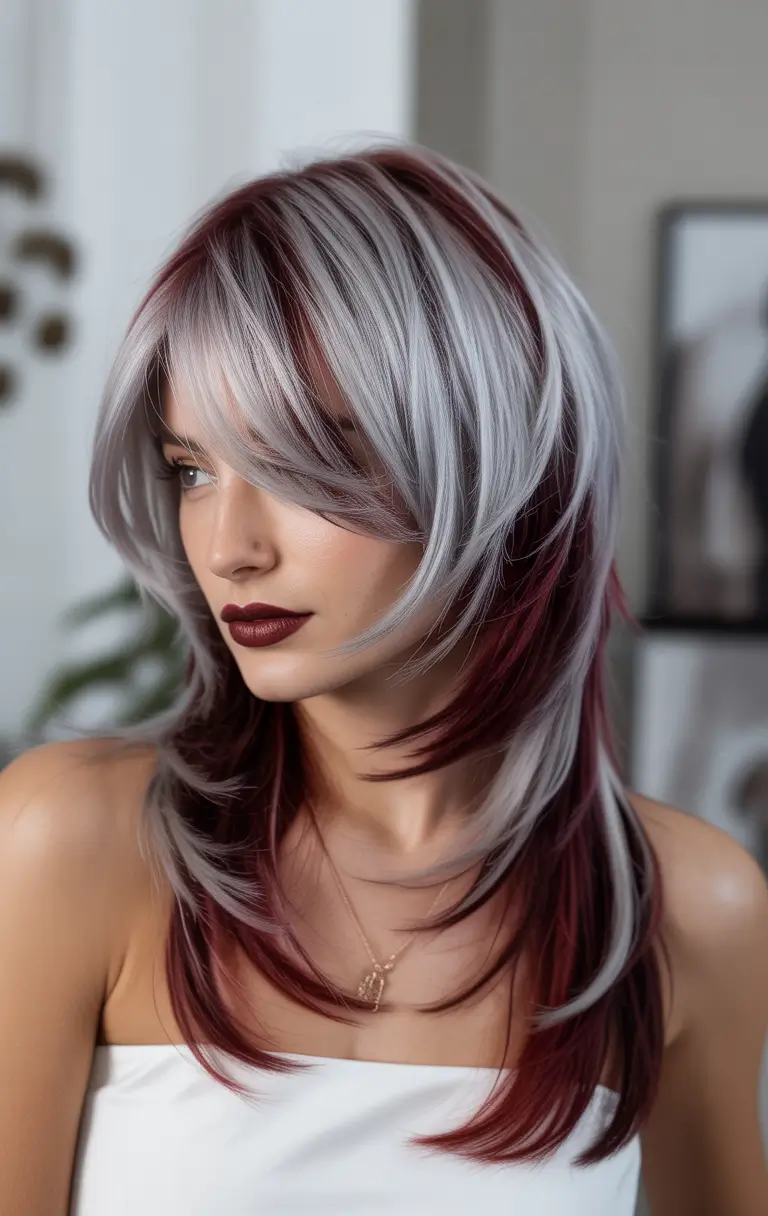 spring hair color for tan skin Silver and Cherry Brunette Layers