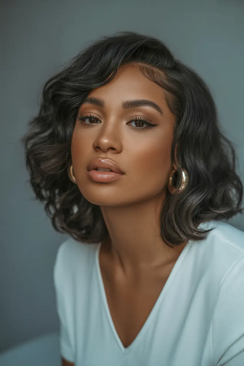 spring hair color warm skin tone Soft Black Gloss Bob With Side-Swept Elegance