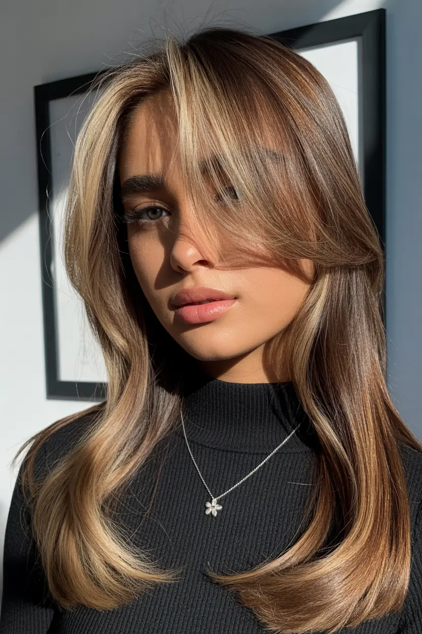 spring hair color warm skin tone Toasted Almond Blowout With Soft Blonde Veil