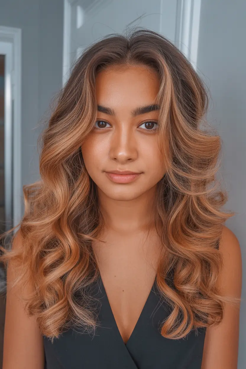spring hair color warm skin tone Caramel Bronze Long Layers With Bouncy Volume