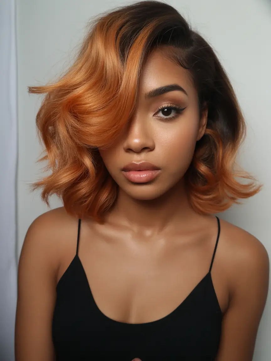 spring hair color warm skin tone Tangerine Copper Bob With Side-Swept Glam