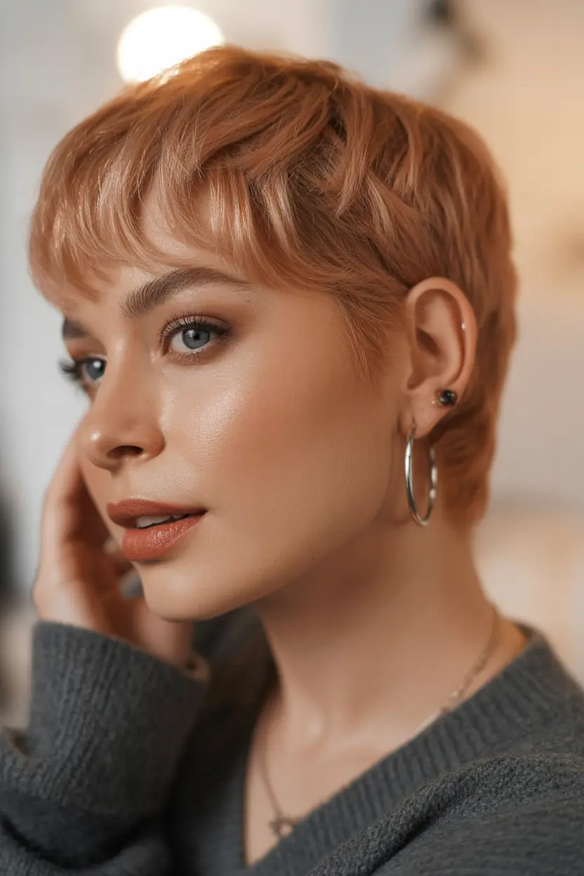 spring hair color warm skin tone Soft Ginger Pixie With Delicate Fringe