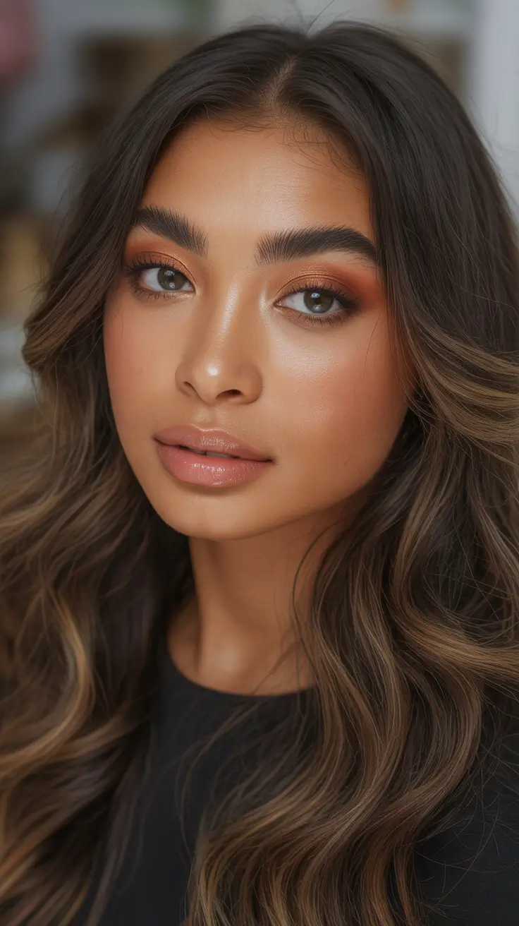 spring hair color warm skin tone Espresso Brunette With Cinnamon Ribbons