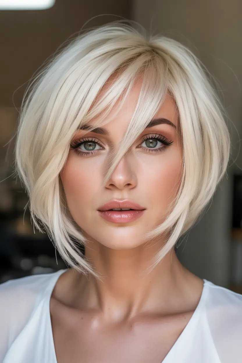 spring Hair Color Ideas to Look Younger Ice Blonde Precision Bob With Airy Fringe