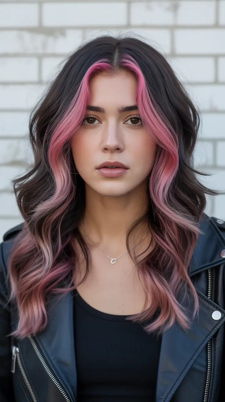 spring Hair Color Ideas to Look Younger Pink Face-Framing Highlights On Dark Waves