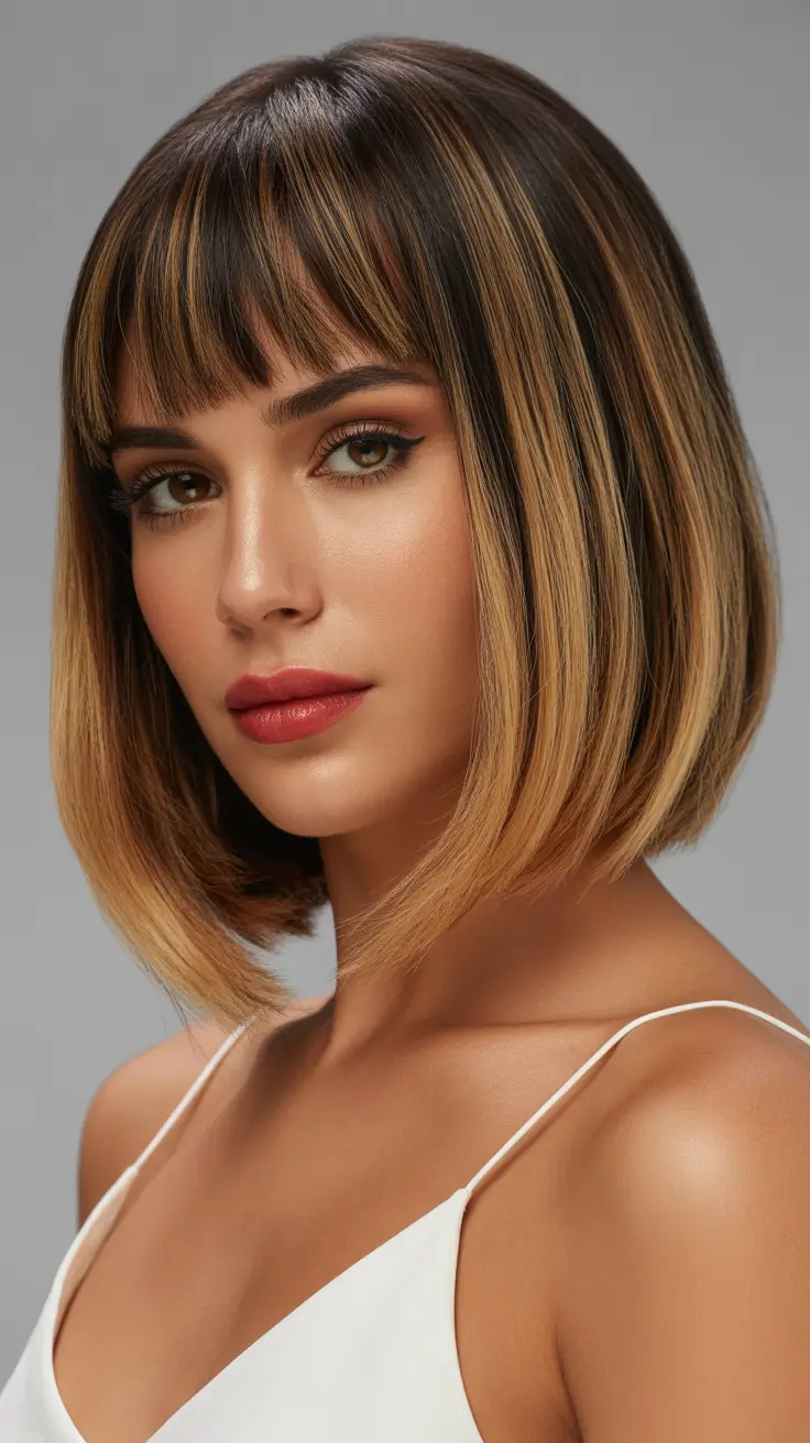 spring Hair Color Ideas to Look Younger Caramel Highlighted Precision Bob With Soft Bangs