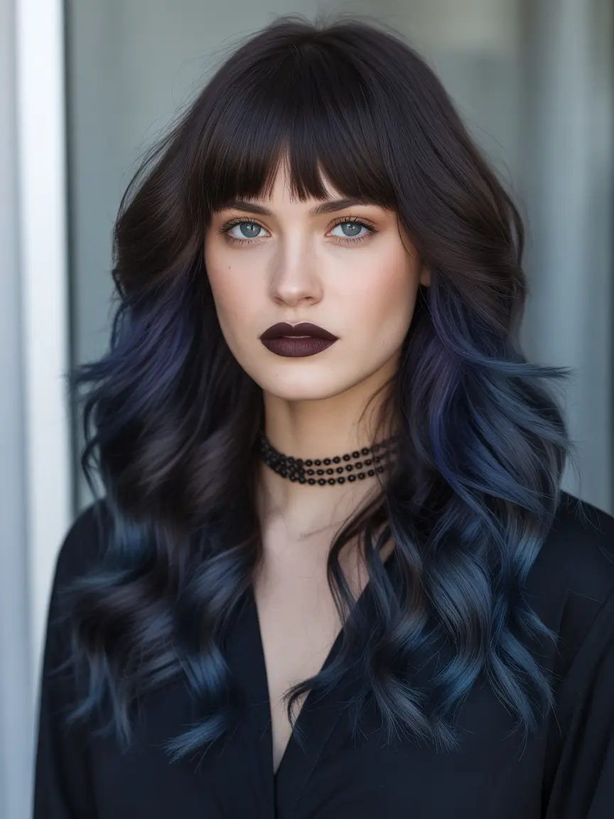 spring Hair Color Ideas to Look Younger Midnight Blue Waves With Soft Fringe