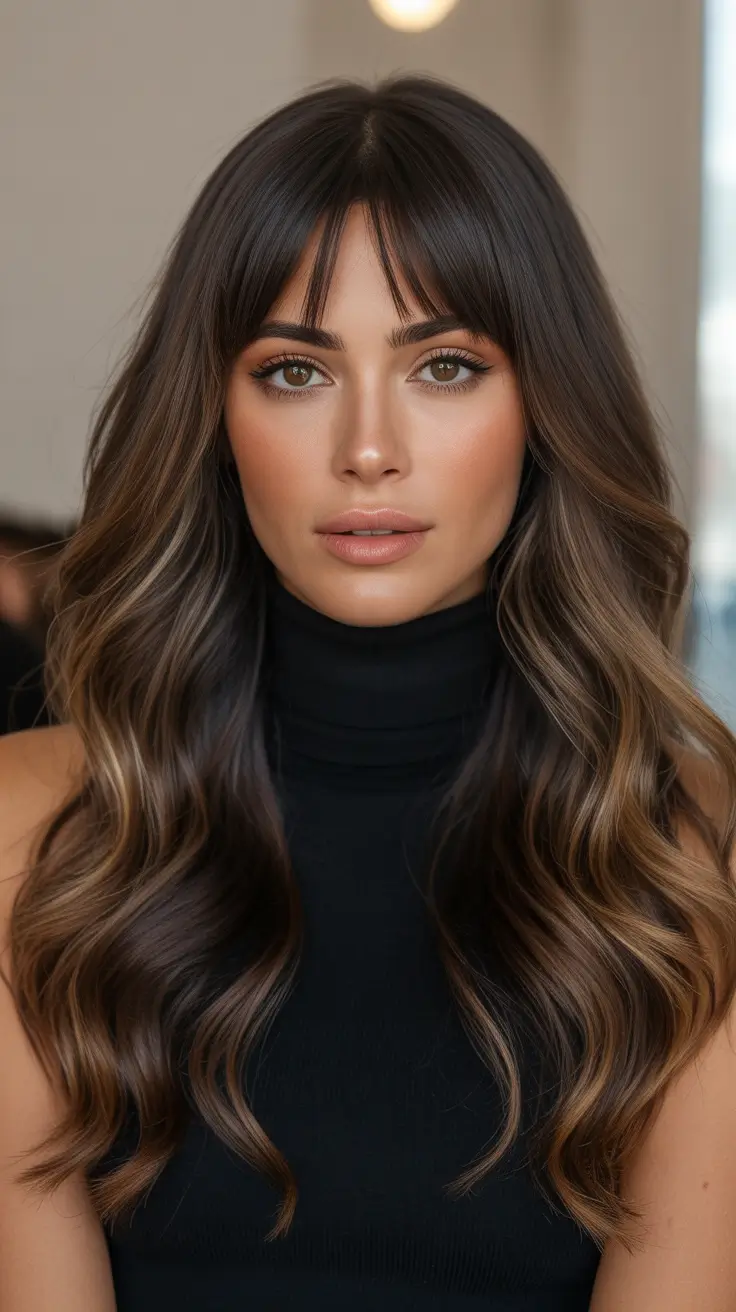 spring Hair Color Ideas to Look Younger Deep Espresso Brunette With Wispy Fringe