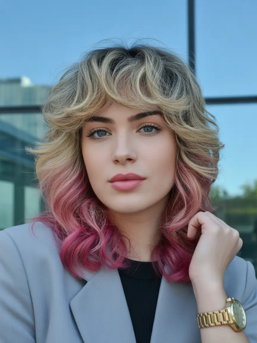 spring Hair Color Ideas to Look Younger Blonde Shag With Pink Dip-Dyed Ends