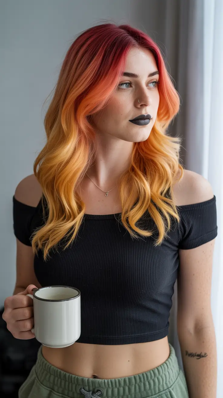 spring Hair Color Ideas to Look Younger Sunset Ombre With Vivid Coral And Golden Blonde